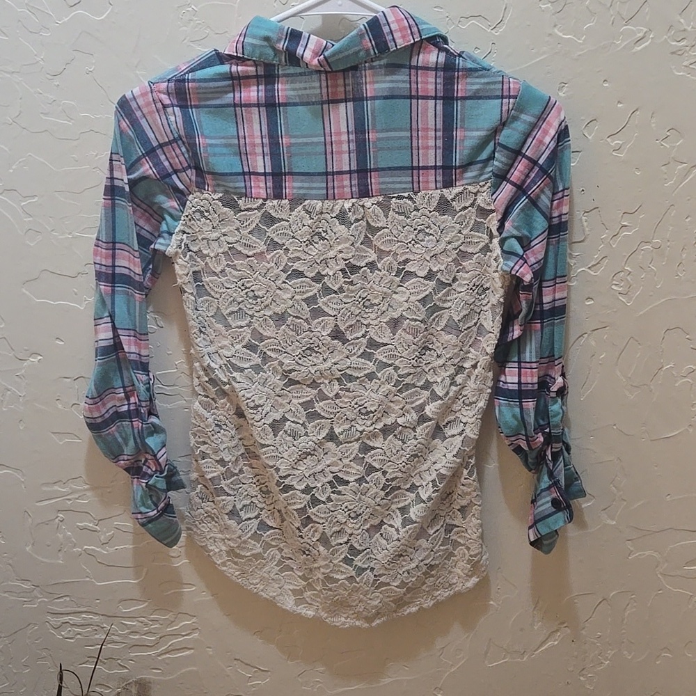 3/$10 Rue21 Teal and Pink Plaid Shirt - Picture 3 of 5